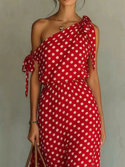 Full Size Polka Dot One-Shoulder Maxi Dress with Tie Details Plus Size