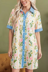 Multicolour Floral Print Striped Trim Button Down Shift Dress