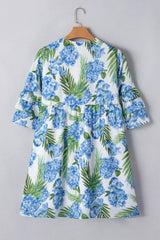 Palm Floral Print Contrast Ribbon Knot Ruffle Tiered Sleeve Mini Dress