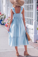 Solid Color Ruffle Trim High Waist Sleeveless Dress