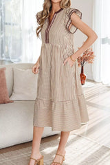 Stripe Plus Size Slit V Neck Tiered Flutter Sleeve Dress
