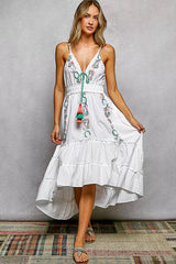 POL Embroidered Detail Tassel Tie Smocked Waist Midi Tiered Cami Dress