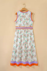 Floral Print Color Block Trim Belted Sleeveless Dress