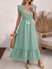 Tie Neck Ruffle Sleeve Maxi Dress