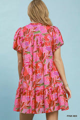 Umgee Tropical Floral Puff Sleeve Tiered Mini Dress