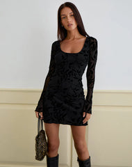 Selca Mini Dress in Flock Leaf Flower Black