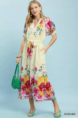 Umgee Mix Floral Border Print Midi Dress