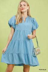 Umgee Puff Sleeve Tiered Babydoll Dress