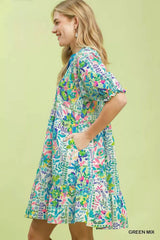 Umgee Mix Botanical Print Puff Sleeve Tiered Dress