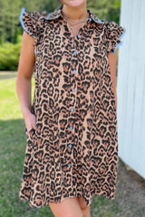 Leopard Print Lace Trim Shirt Collar Button Down Loose Mini Dress
