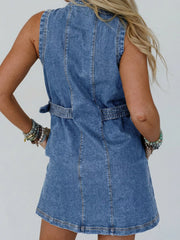 Western Belt Button Down Sleeveless Denim Short Dress