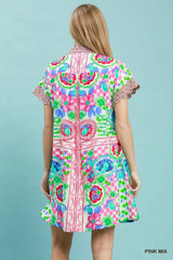 Umgee Mediterranean Print Dress with Contrast Printed Trim