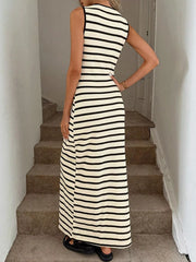 Striped Button-Front Sleeveless Slit Maxi Dress