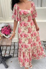 Floral Print Ruffle Hem Flutter Sleeve Dress