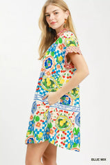 Umgee Mediterranean Print Dress with Contrast Printed Trim