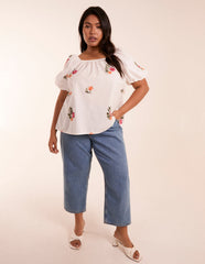 Curve Milkmaid Flower Embroidered Top