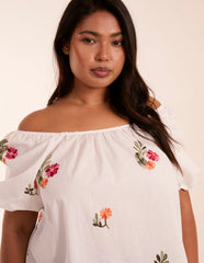 Curve Milkmaid Flower Embroidered Top