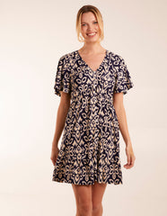 Button Through Elastic Waist Mini Dress