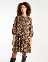 Leopard Print Shirred Front Tie Neck Smock Dress