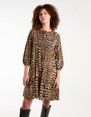 Leopard Print Shirred Front Tie Neck Smock Dress