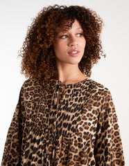 Leopard Print Shirred Front Tie Neck Smock Dress