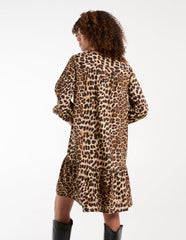 Leopard Print Shirred Front Tie Neck Smock Dress