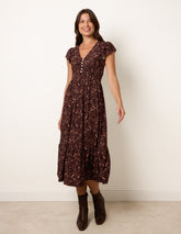 V Neck Midi Dress With Shirred Waist Button Front