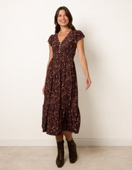 V Neck Midi Dress With Shirred Waist Button Front