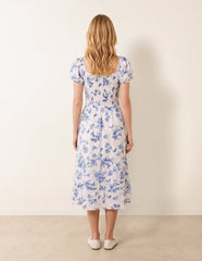 Off The Shoulder Puff Sleeve Shirred Print Dress