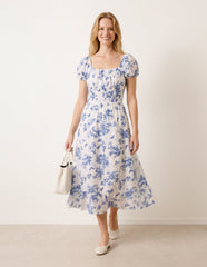 Off The Shoulder Puff Sleeve Shirred Print Dress