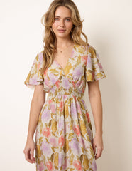 Floral Print Angel Sleeve Midi Dress