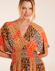 Abstract Patchwork Pattern V Neck Maxi Dress