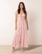 Double Front Tie Shirred Ditsy Floral Maxi Dress