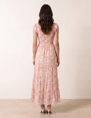 Double Front Tie Shirred Ditsy Floral Maxi Dress