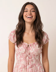 Double Front Tie Shirred Ditsy Floral Maxi Dress
