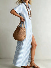Striped High Slit Maxi Shirt Dress