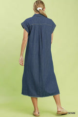 Umgee Pinstripe Denim Collared Midi Dress with Side Slits