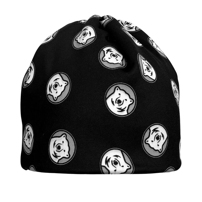 Black beanie with all-over polar bear medallion print on a white background