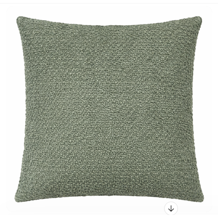 The Decor Fifty-Five Angelina Pillow Forest is a square, boucle-textured green accent pillow with a curly surface, shown against a plain white background.