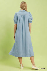 Umgee Chambray Collared Puff Sleeve Dress