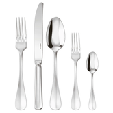 The Sambonet Baguette Stainless Steel 5PPS features a dinner fork, dinner knife, soup spoon, salad fork, and teaspoon—all arranged side by side in shiny stainless steel with a reflective finish.
