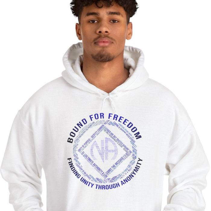 Person wearing a white hoodie with a blue logo and text on a white background
