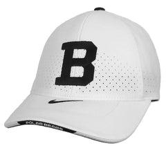 White mesh hat with black button on top, embroidered Bowdoin B in black on front, black Nike Swoosh on the top of the brim, and black POLAR BEARS patch on front of brim.