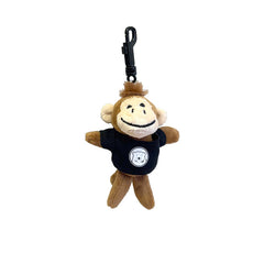 Plush monkey keychain with a black shirt on a white background