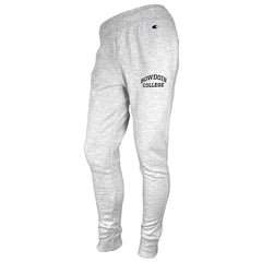 Silver heather fleece jogger pants with black imprint of BOWDOIN arched over COLLEGE on left thigh.