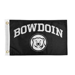 Black flag with white BOWDOIN and polar bear logo.