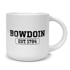 White mug with large round handle and black BOWDOIN over a cartouche containing EST.1794 in black.