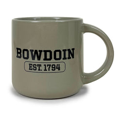 Warm grey mug with large round handle and black BOWDOIN over a cartouche containing EST.1794 in black.
