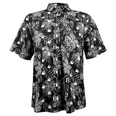 Black short-sleeve shirt with white and gray floral Hawaiian pattern with incorporated B and paws on a white background
