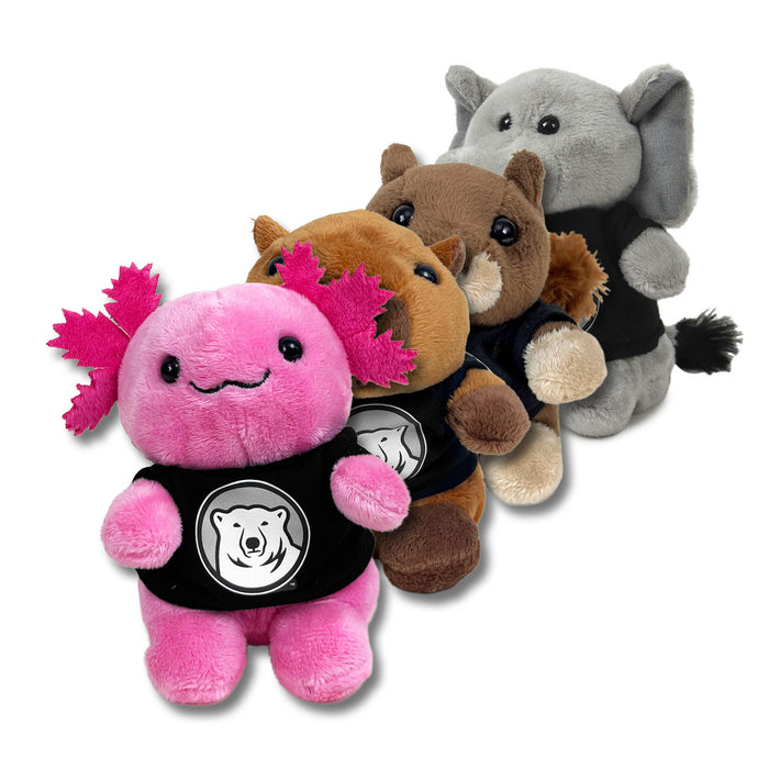Four plush animal toys arranged in a row on a white background: a pink axolotl wearing a black shirt with a polar bear logo, a brown capybara wearing a black shirt, a gray elephant wearing a black shirt, and a brown squirrel wearing a black shirt